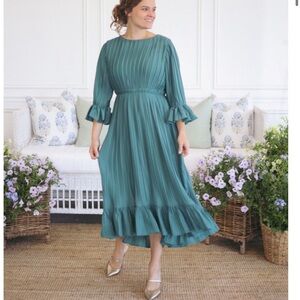 Dainty Jewells Teal Pleated Long Sleeve Midi Dress